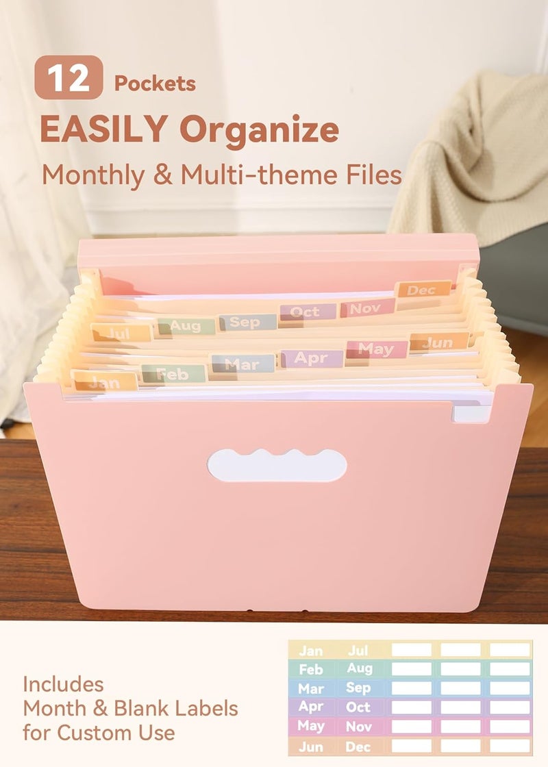 SortRax Accordion File Organizer 12 Pockets, Monthly Bill Receipt Tax Organizer, Expanding File Folders with Larger Bright Tabs, Fits Letter/A4 Size - Pink - Image 2